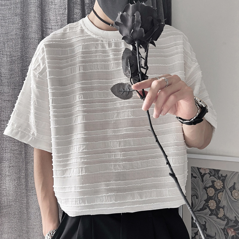 X112-P45控69夏季男士设计感半袖宽松潮流五分袖t恤上衣T短袖,男装T恤,电商A216
