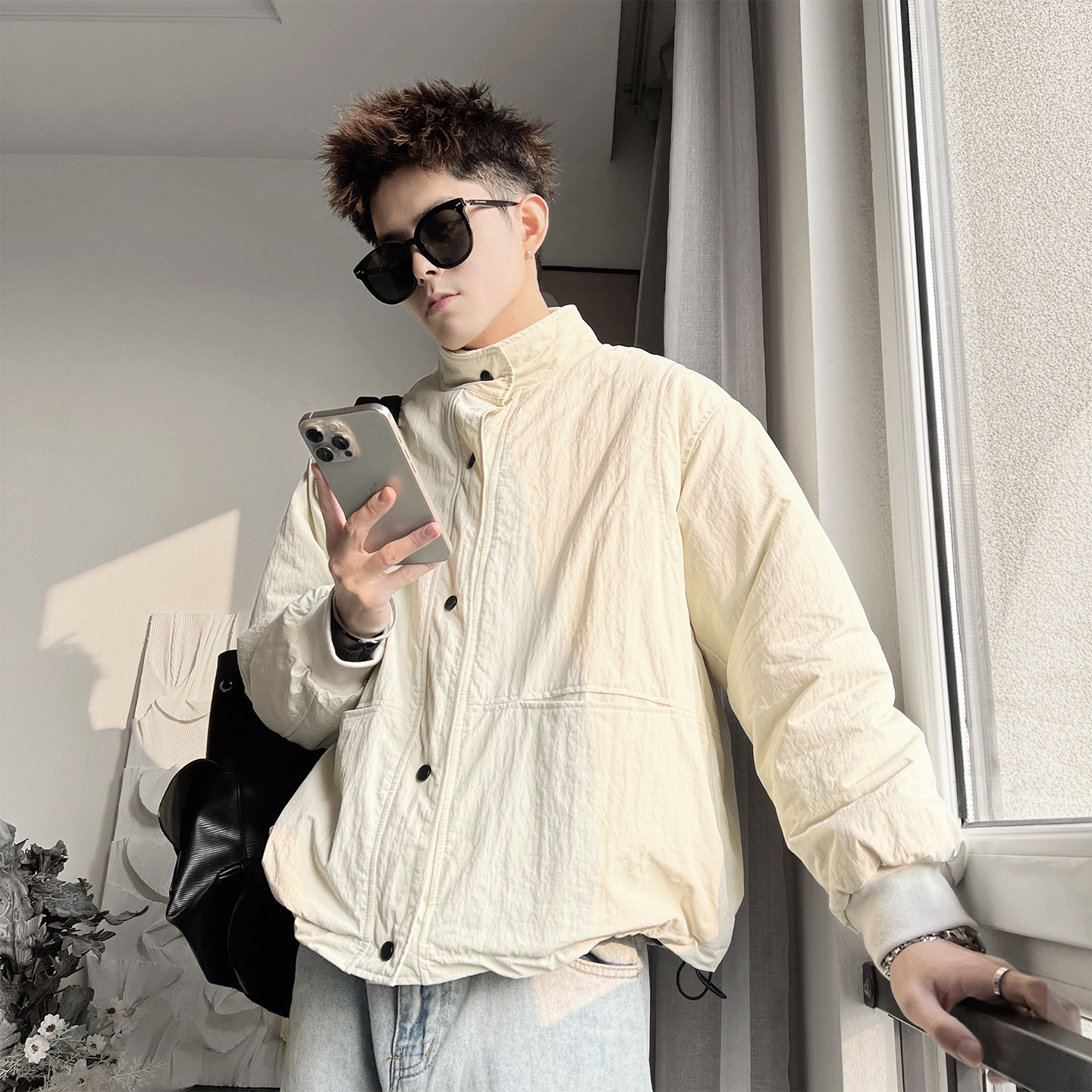 Y150-M-XL-P128控178聚酯纤维日系褂子风短款绗棉棉衣廓形，男装棉衣，电商A216