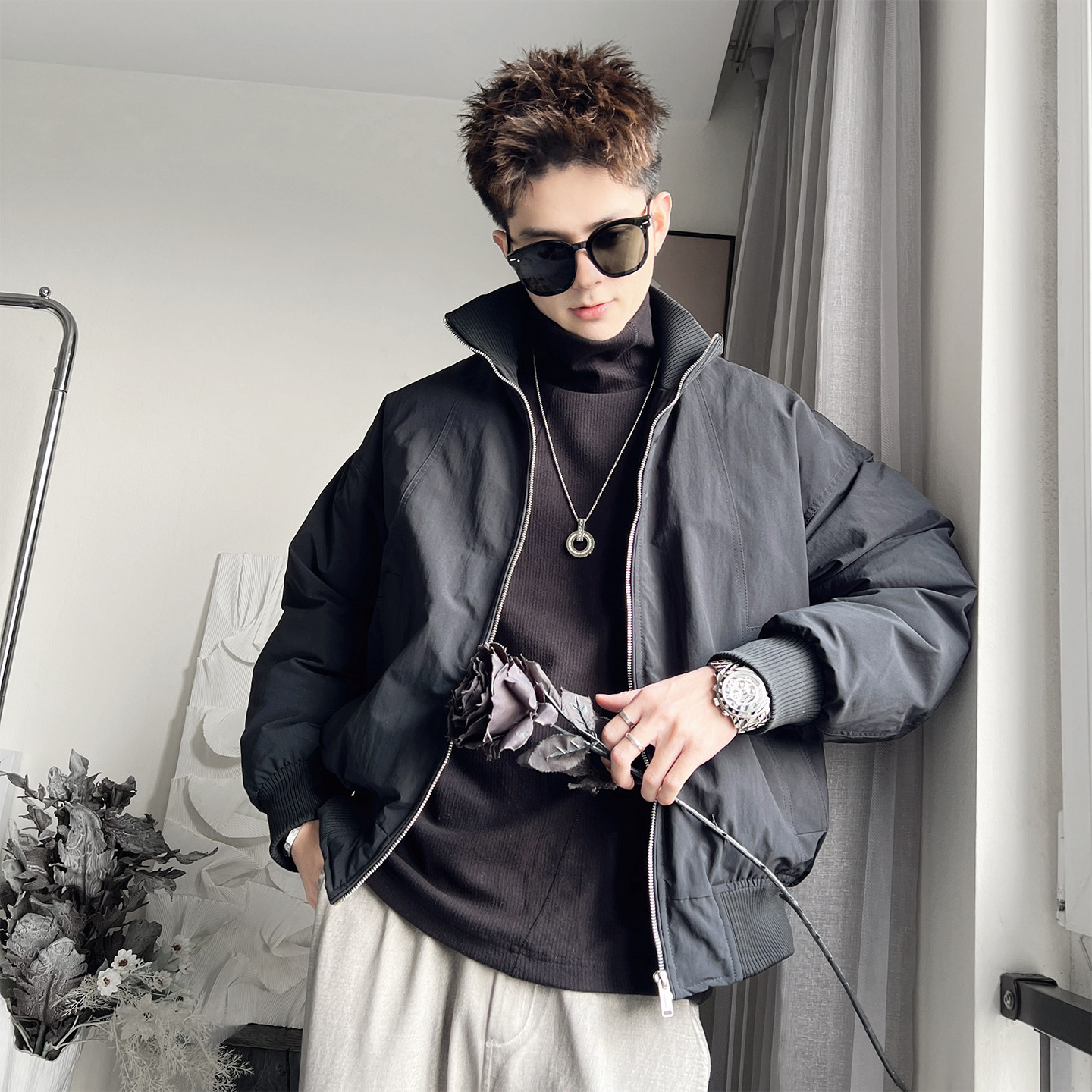 Y137-M-3XL-P158控208聚酯纤维针织螺纹领底摆小工装棉衣，男装棉衣，电商A216