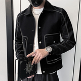 JK75-特P115控158加绒特P1252023秋亮扣明线翻领修身小伙皮衣，男装夹克，电商A216