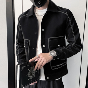 JK75-特P115控158 加绒特P125 2023秋亮扣明线翻领修身小伙皮衣图片