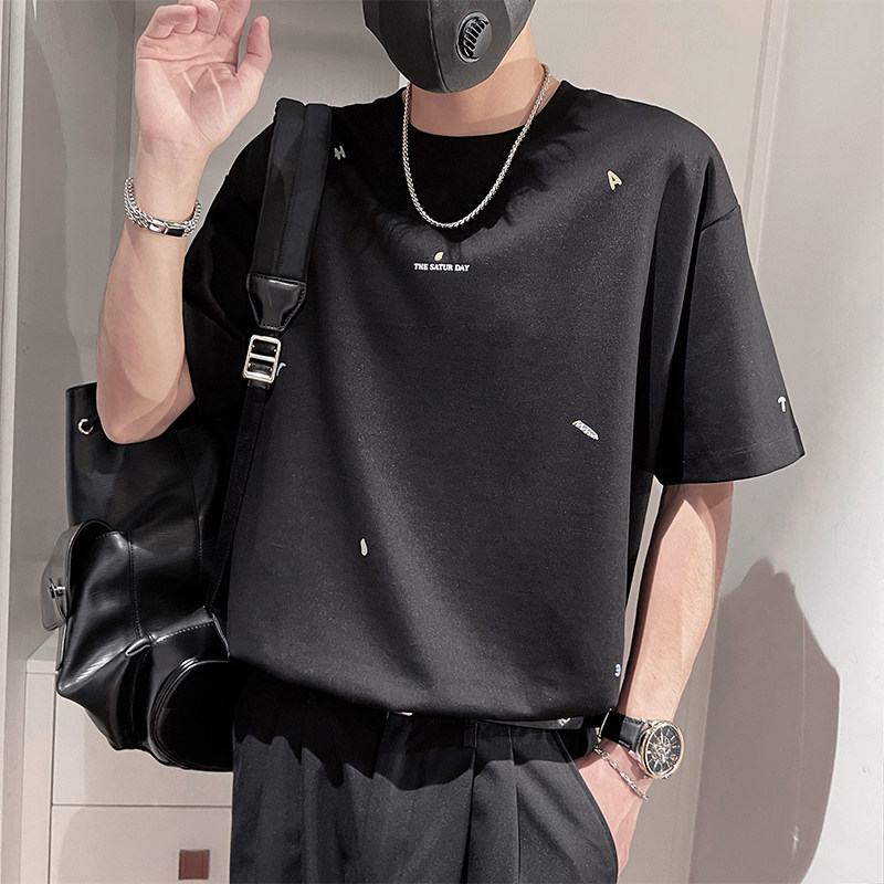 D157-特P48-控7866%棉24%锦纶10%氨纶密针刺绣全身小标短袖,男装T恤,电商A216