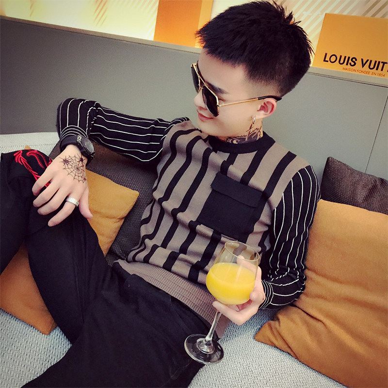 G59-P75 2023秋冬延续POLO领毛衣男社会小伙条纹袖打底修身针织衫图片