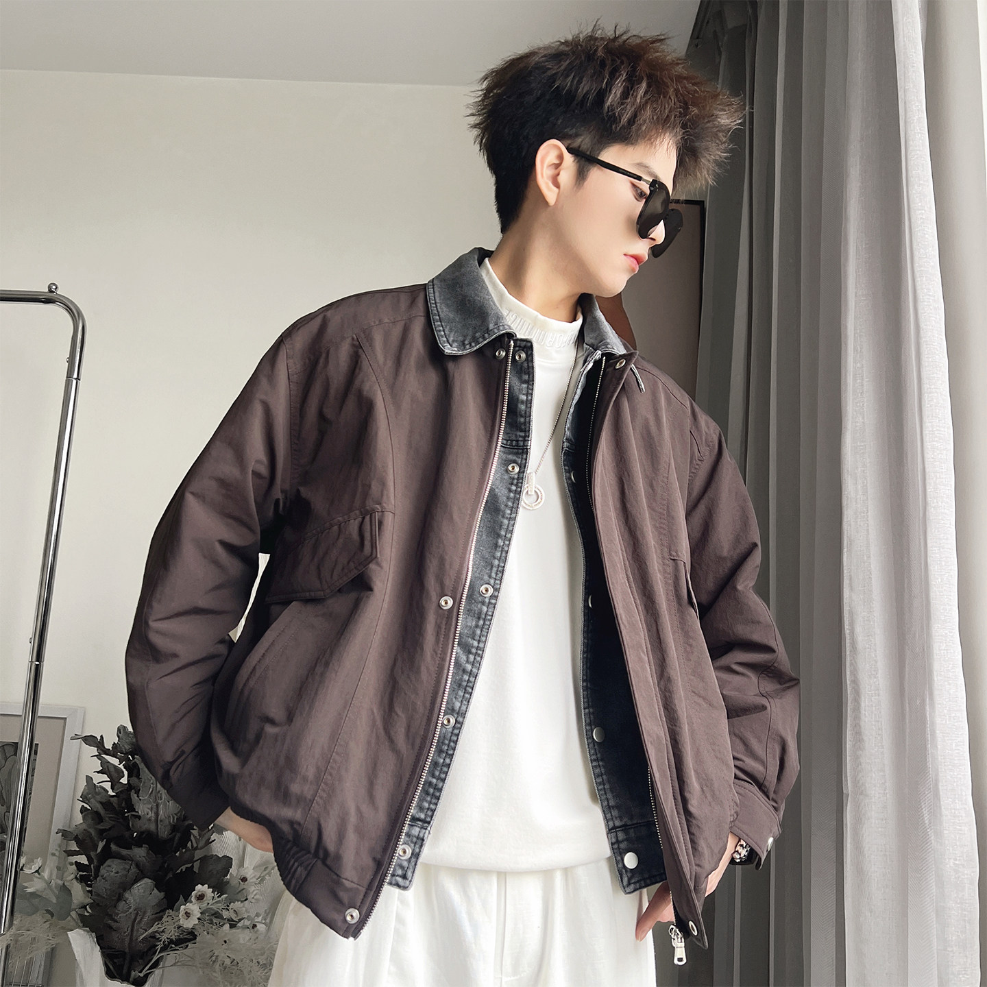 Y109B-P198-控265聚酯纤维假两件拼牛仔薄羽绒服50绒单件含,男装羽绒服,电商A216