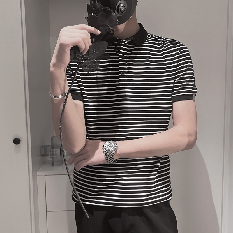 PL06-特P45-控6827%棉70%聚酯纤维条纹翻领小上衣T短袖男polo衫,男装T恤,电商A216