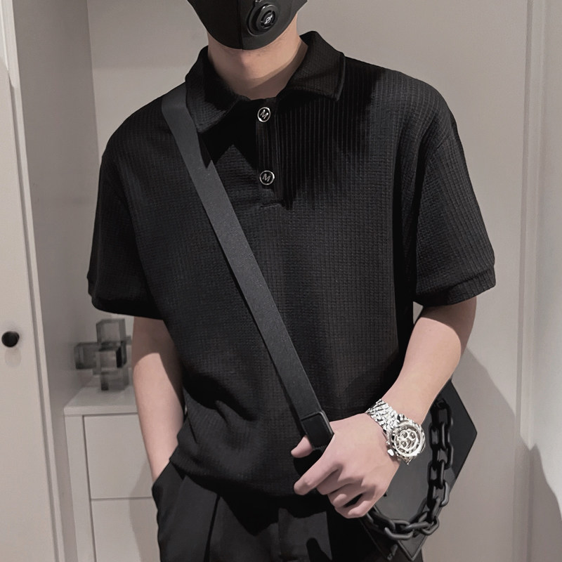 T30-特45-控682025夏季高级无头小伙风男宽松纽扣翻领POLO衫黑1,男装Polo衫,电商A216