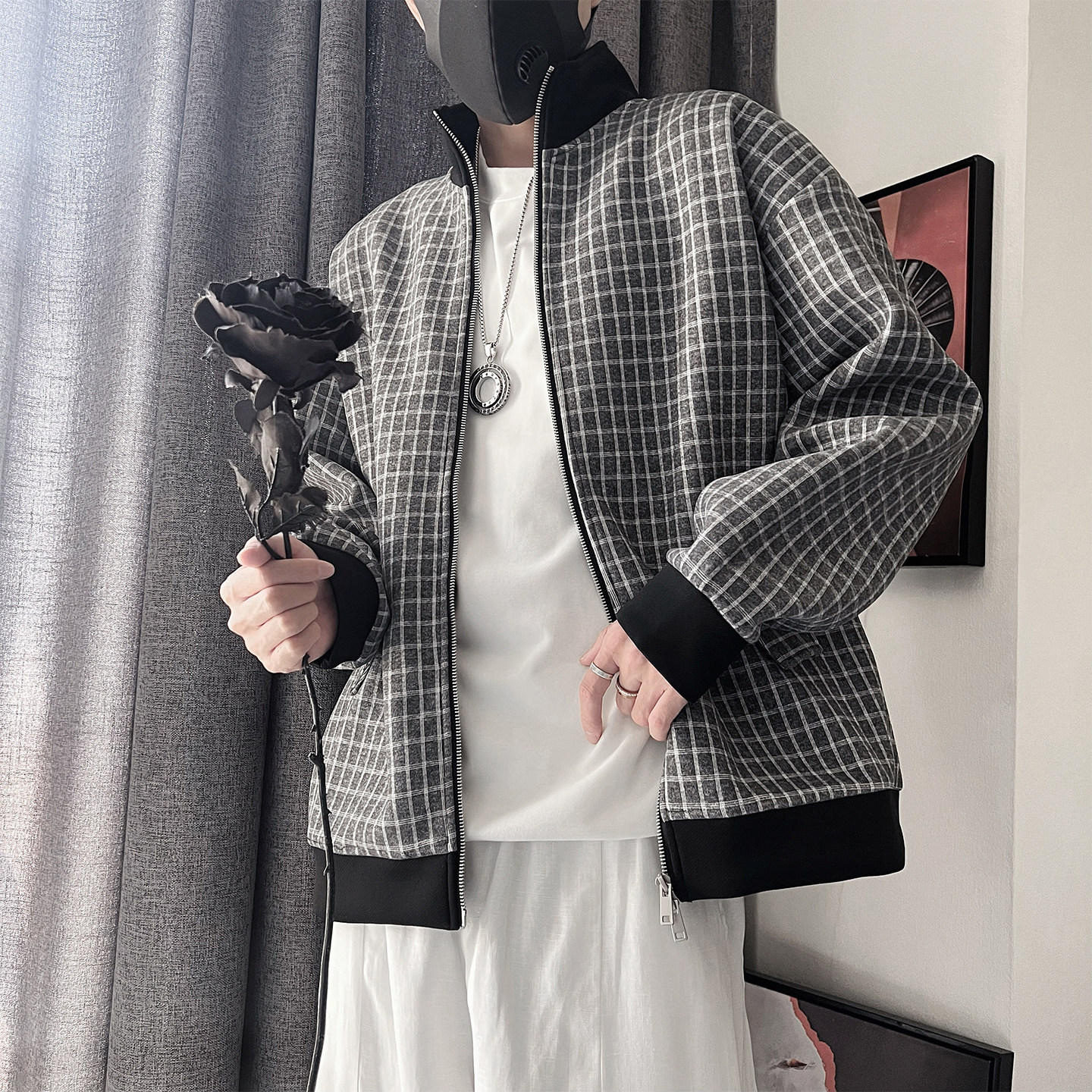 WT77-特108-控148M-3XL90%涤纶10%氨纶立领格子绒布卫衣面料外套,女装短外套,电商A216