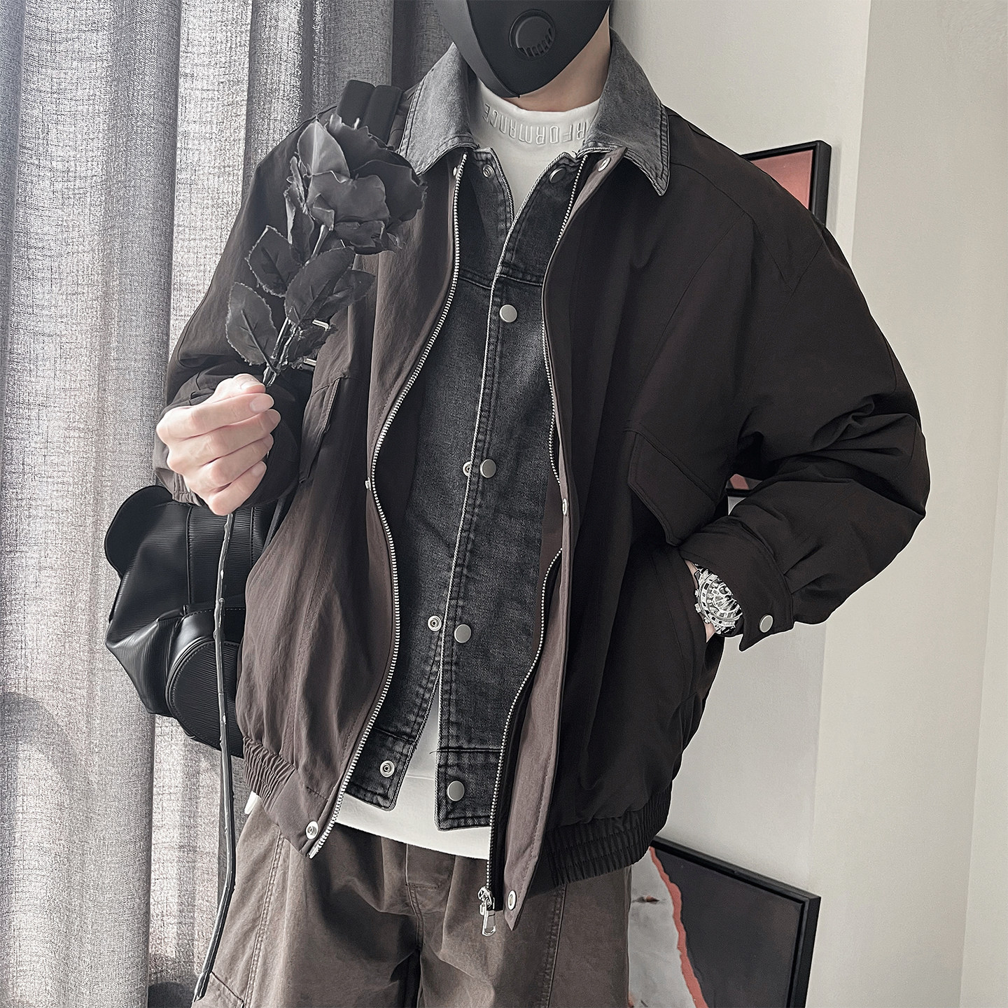 Y109-P198-控265聚酯纤维假两件拼牛仔薄羽绒服50绒单件,男装羽绒服,电商A216