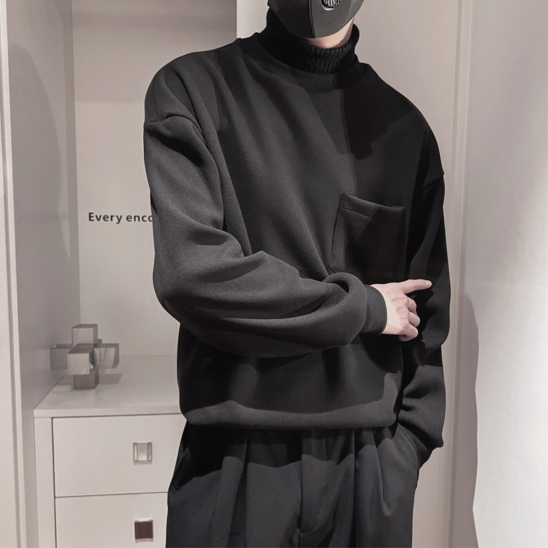 WY215-P68控9850%50%涤底涤面奥粒绒口袋拼接针织高领卫衣,男装卫衣,电商A216