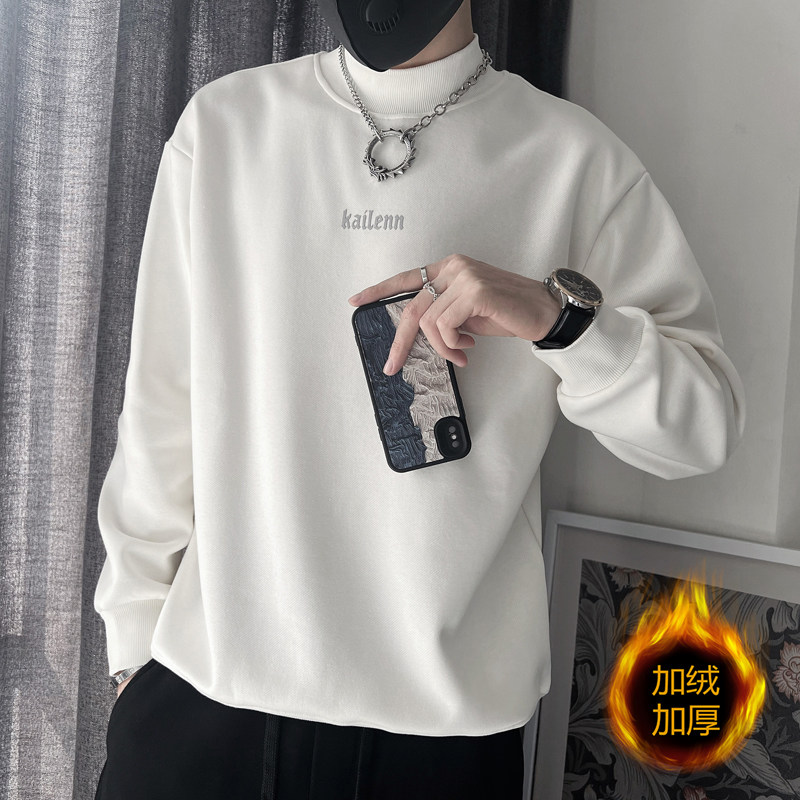 WY183-P88 控118 秋冬半高领加绒男上衣宽松打底衫套头潮牌卫衣白图片