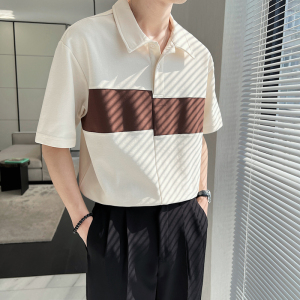 QS19-P58 控78 衬衫男夏季高级感拼色Polo衫翻领痞帅宽松短袖T恤图片