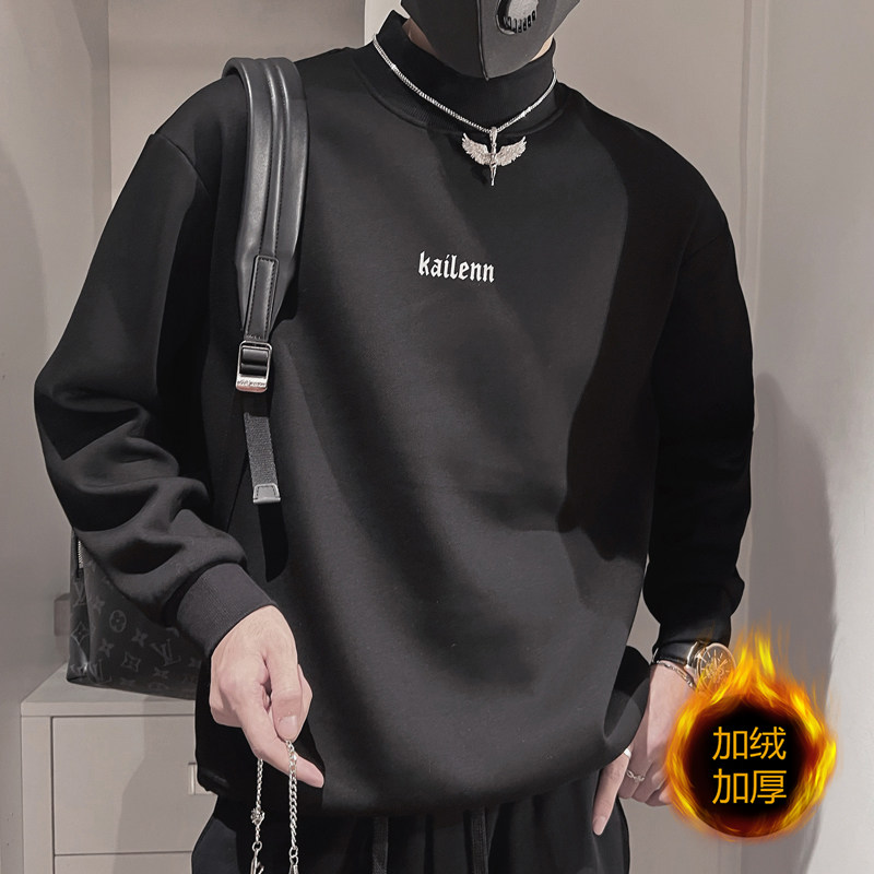 WY183-P88控118秋冬半高领加绒男潮牌上衣宽松套头打底衫卫衣白,男装卫衣,电商A216