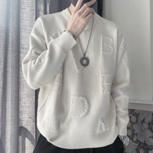 MX118-特P98控138冬季男士加厚提花毛衣套头针织衫圆领毛衫男白