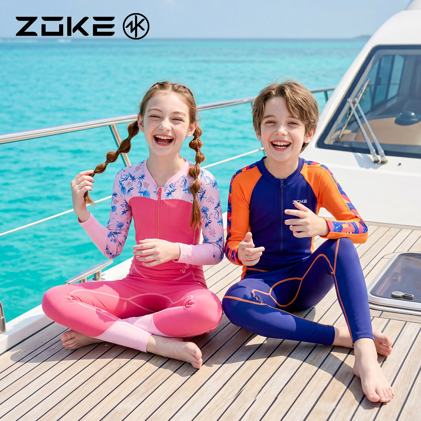洲克儿童泳衣连体长袖长裤防晒保暖zoke女童温泉游泳速干加厚泳装