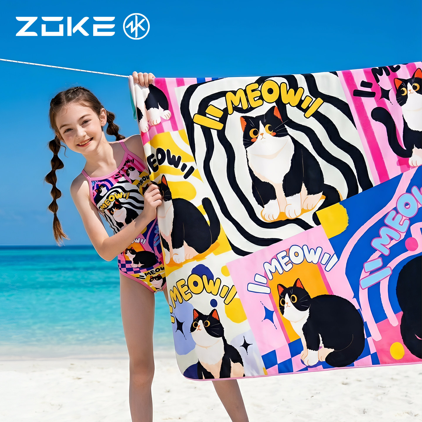 洲克儿童吸水浴巾速干防晒保暖zoke奶牛猫女孩游泳训练防寒毛巾
