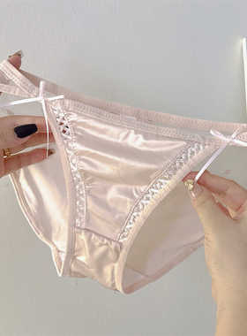 法式性感低腰缎面提臀纯欲风网纱镂空蝴蝶结透气蓝色三角裤女