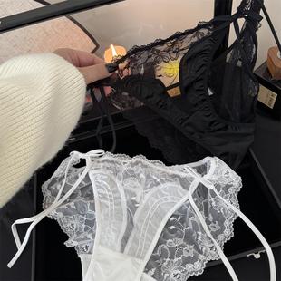可解开系带设计~法式性感纯欲蕾丝缎面网纱低腰三角内裤棉档抗菌