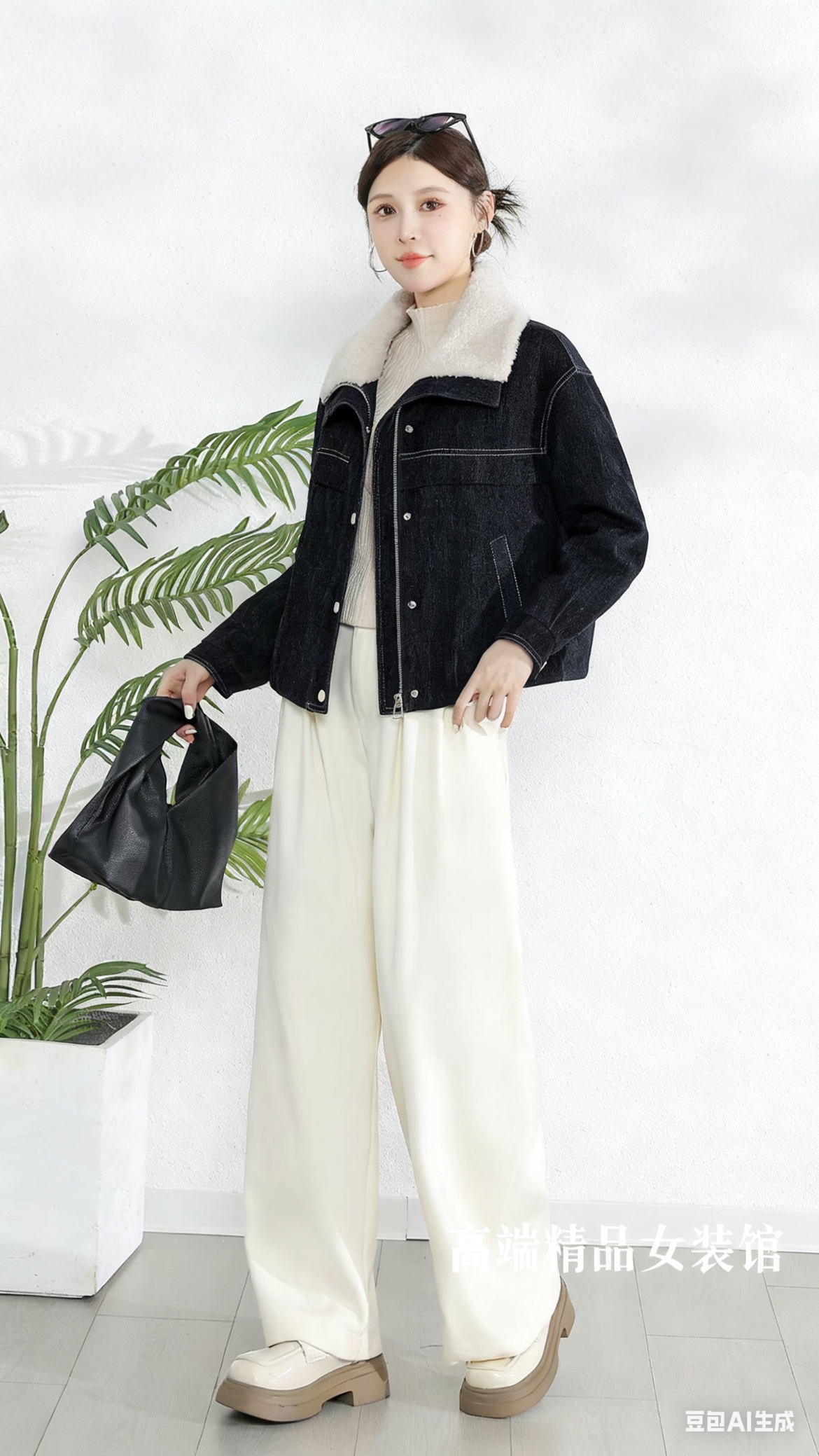 2025秋冬新款羊羔毛领拼接90白鸭绒内胆短款小个子羽绒牛仔外套女