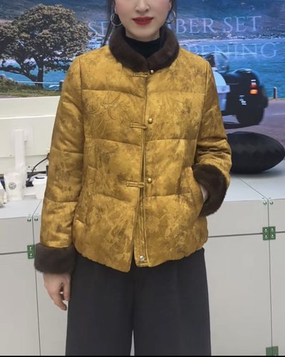 高端水貂毛!新中式国风羽绒服女短外套冬50白鹅绒服保暖高贵妈妈