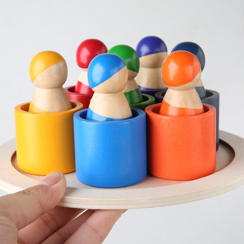 木制七色彩虹小人儿童早教人物色彩识别创意拼装玩偶玩具