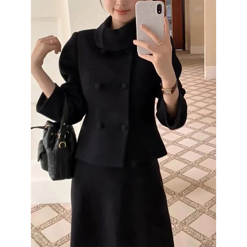 2025秋冬新款韩系高级感气质短款双排扣黑色毛呢外套+半身裙套装,女装/女士精品,时尚套装,淘宝优惠券,粉丝福利购,淘宝优惠卷