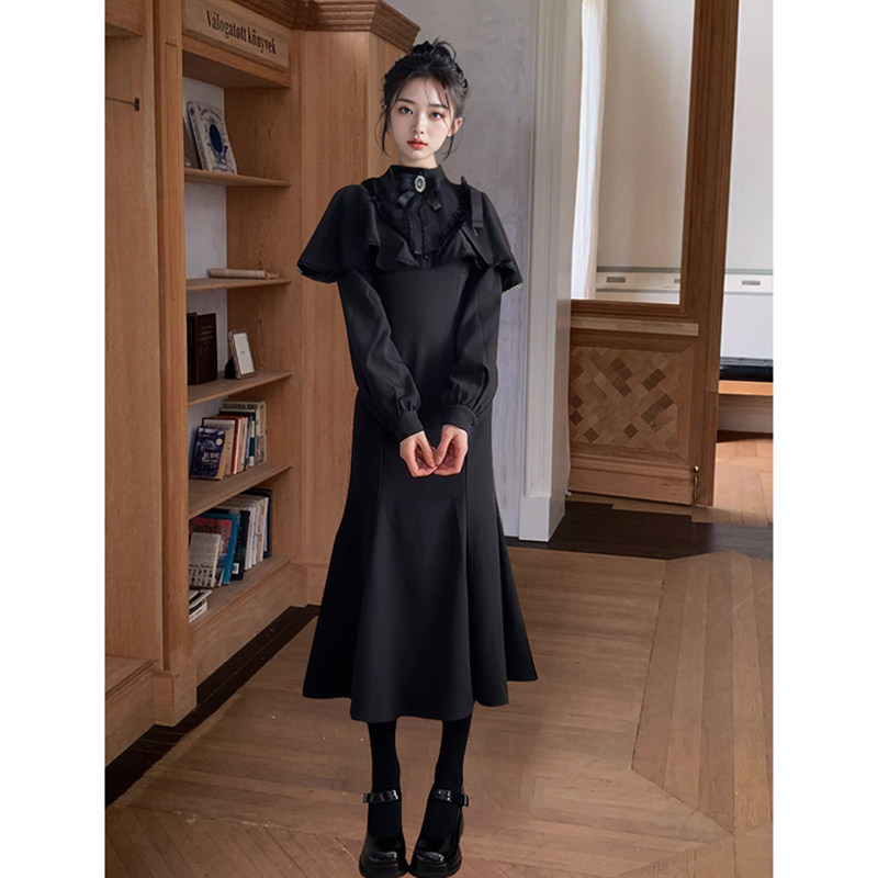 法式赫本风黑色斗篷连衣裙女春季2025新款高级感收腰包臀鱼尾长裙,女装/女士精品,连衣裙,淘宝优惠券,粉丝福利购,淘宝优惠卷