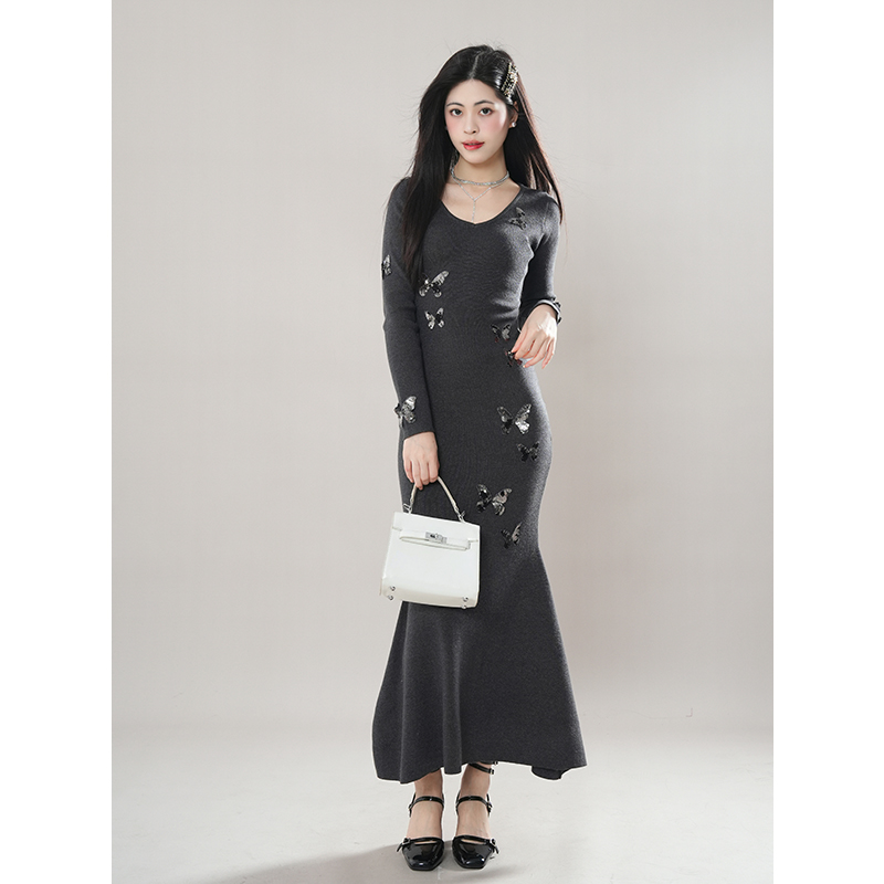蝶梦织影法式气质专拍修身宠粉针织连收腰女打底款显瘦裙子长裙