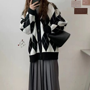 秋冬女装韩版批新款发慵懒风长袖宽松针织衫休闲菱形格子毛衣外套