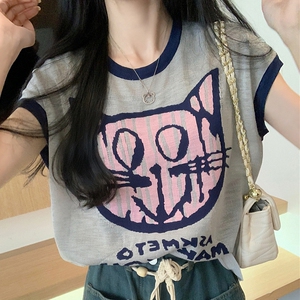 夏季女装批新款发休闲圆领百搭减龄上衣学生短袖字母卡通针织衫潮