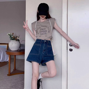 休闲复古阔腿牛仔短裤 夏季 发高腰宽松显瘦洋气A字热裤 批新款 女装