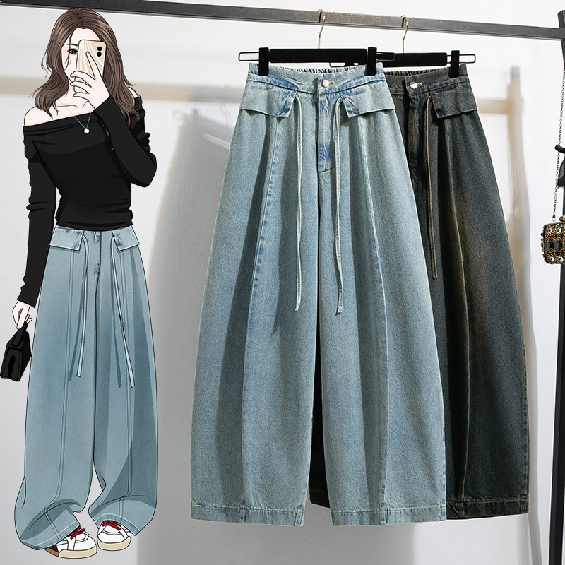 春季女装批新款发大码设计感时尚宽松显瘦高腰休闲牛仔气球弯刀裤