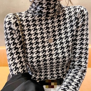 显瘦气质内搭打底上衣洋气高领千鸟格针织衫 发修身 批新款 秋冬女装