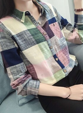 批发复古文艺清新格子棉麻衬衫