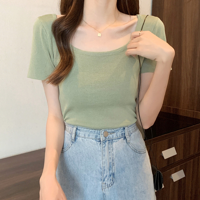 批发学生短袖修身方领纯色针织衫