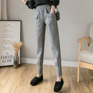 休闲哈伦九分毛呢裤 秋冬女装 发高腰显瘦小脚百搭萝卜裤 批新款 韩版