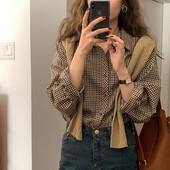 宽松休闲复古格子衬衫 春季 发百搭洋气学生打底衬衣长袖 批新款 女装