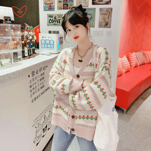 批发花边V领针织衫镂空毛衣外套