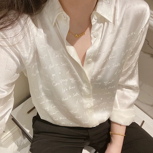 打底光泽感衬衣提花字母真丝缎面衬衫 发宽松长袖 潮 批新款 秋冬女装