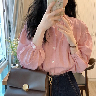 木耳边立领条纹衬衫 春季 发设计感甜美打底衬衣宽松长袖 女装 批新款