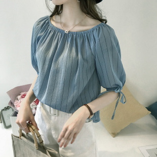 发夏季 性感露肩条纹条纹宽松系带蝴蝶结短袖 女装 新款 T恤潮 韩版 批