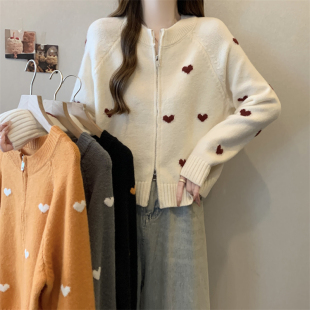 毛衣外套甜美宽松减龄爱心针织衫 发百搭提花开衫 潮 批新款 秋冬女装