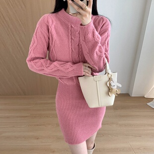 菱形麻花针织毛衣连衣裙潮 发百搭气质打底包臀短款 秋冬女装 批新款
