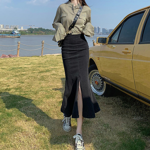 秋冬女装韩版批新款发高腰显瘦弹力包臀开叉中长款牛仔鱼尾半身裙