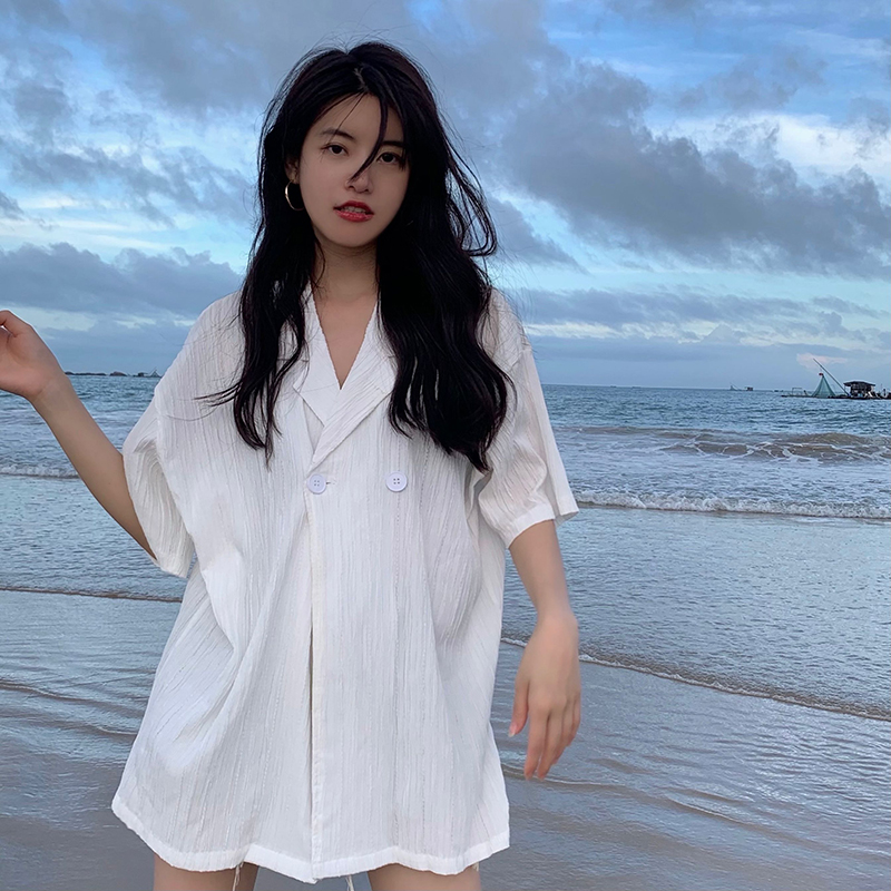 批发短袖宽松大码慵懒褶皱薄衬衫