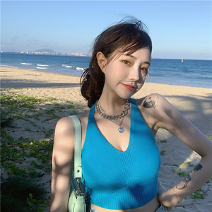 批 发夏季女装新款露背打底V领显瘦上衣修身性感针织挂脖吊带背心