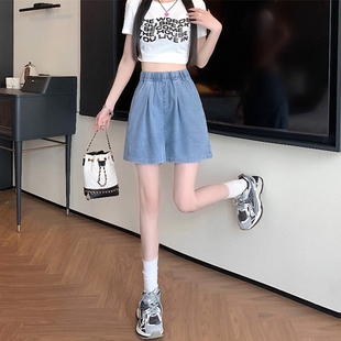牛仔短裤 夏季 发学生休闲复古松紧高腰遮肉宽松阔腿薄款 批新款 女装