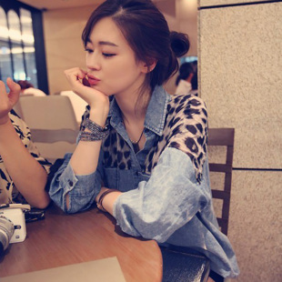 豹纹雪纺拼接牛仔衬衫 秋冬女装 洋气衬衣中长款 发宽松大码 潮 批新款