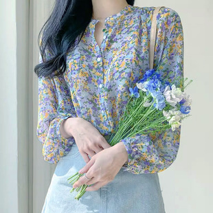 夏季女装韩版批新款发时尚气质甜美宽松衬衣清新长袖雪纺碎花衬衫