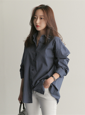 春季女装韩版批新款发休闲打底大码宽松衬衣中长款BF风条纹衬衫潮