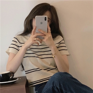学生修身 发夏季 韩版 条纹针织衫 潮 T恤时尚 批 显瘦短袖 新款 女装 短款